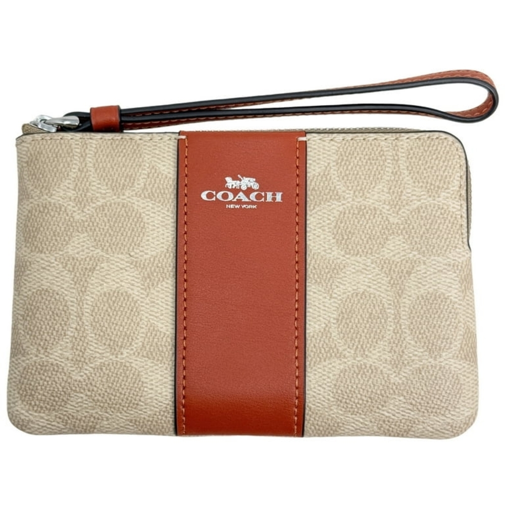 Coach Signature Canvas Corner Zip Wristlet Sand Deep Orange Leather Stripe Combo